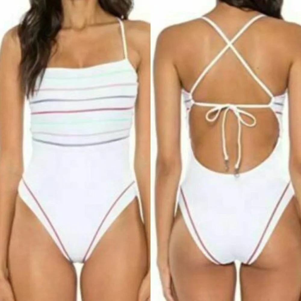 SOLUNA SWIM Bandeau One Piece SMALL White High Leg Colorblock Piping NWT
